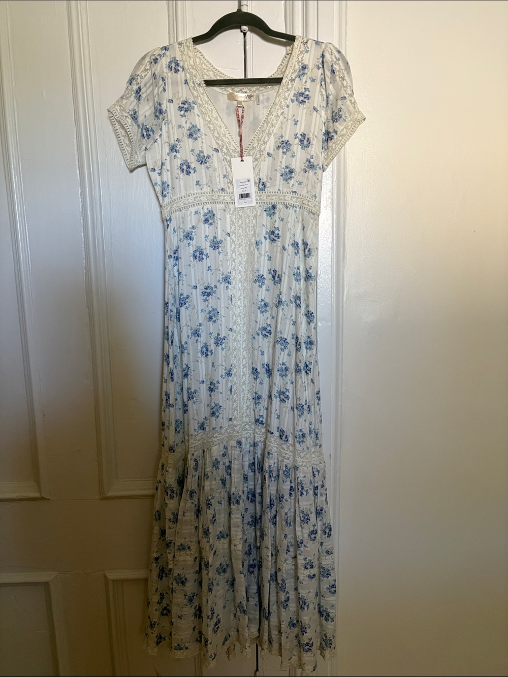 LoveShackFancy Cream Maxi Dress with Blue Floral Print